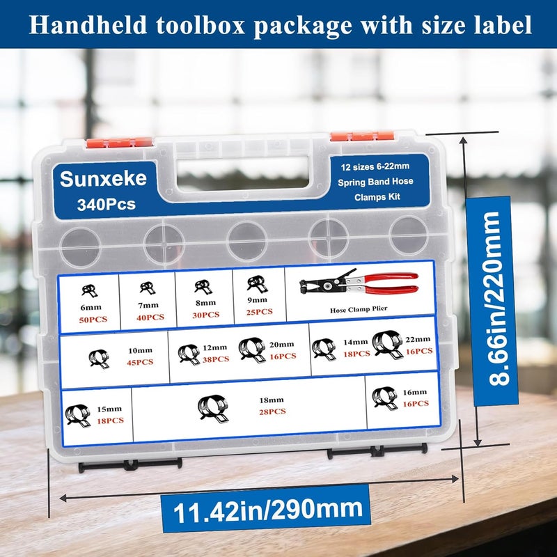Sunxeke 340Pcs 6-22mm Spring Band Hose Clamps Kit,12 Sizes Spring Pipe Clamps with Swivel Flat Hose Clamp Plier,Low Pressure Air Clip Strap Clamp for Silicone Vacuum Hose Clamp Fuel Line Clamps - Image 3
